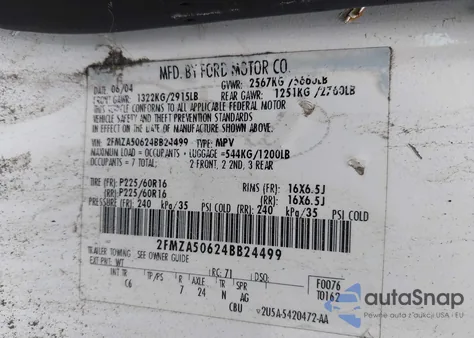 2004 Ford Freestar S из США, поврежденный, VIN 2FMZA50624BB24499